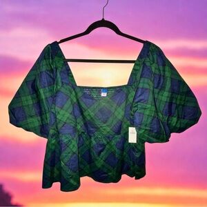 Old Navy Black Watch Plaid Square-Neck Puff-Sleeve Top NWT - Size Large